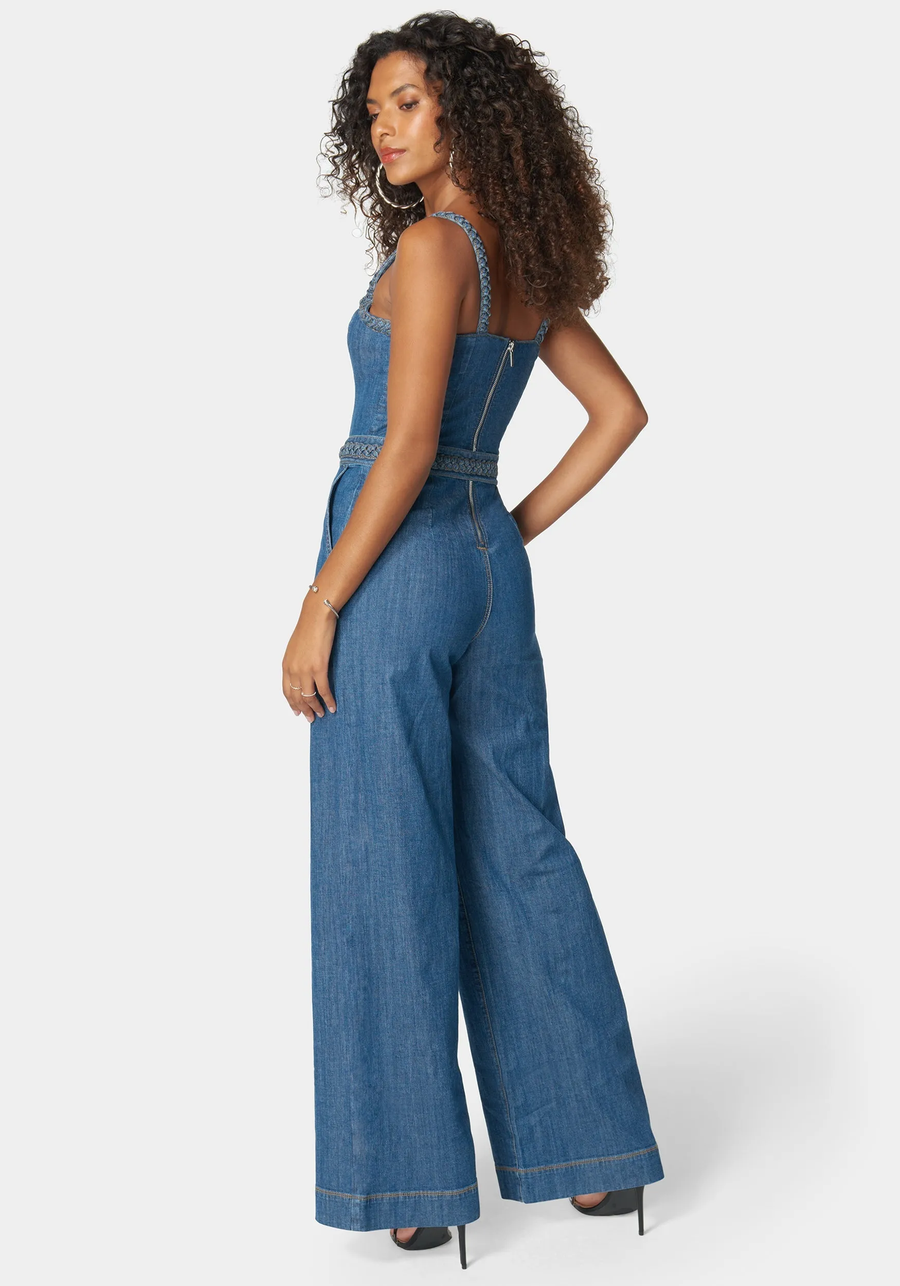 Braided Detail Ultra Wide Leg Denim Jumpsuit