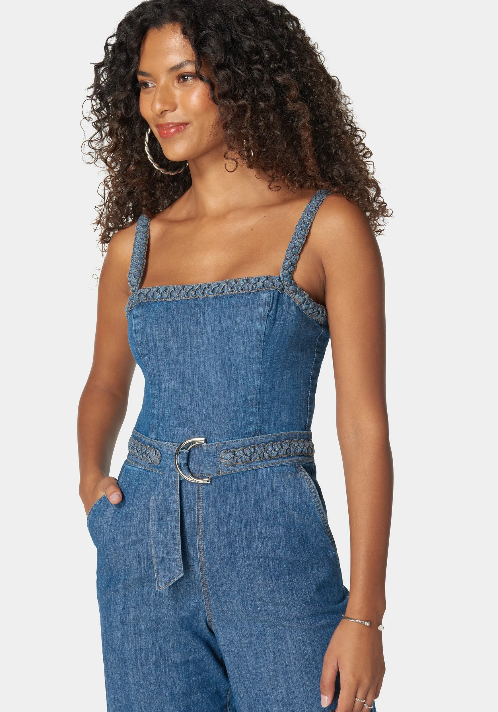 Braided Detail Ultra Wide Leg Denim Jumpsuit