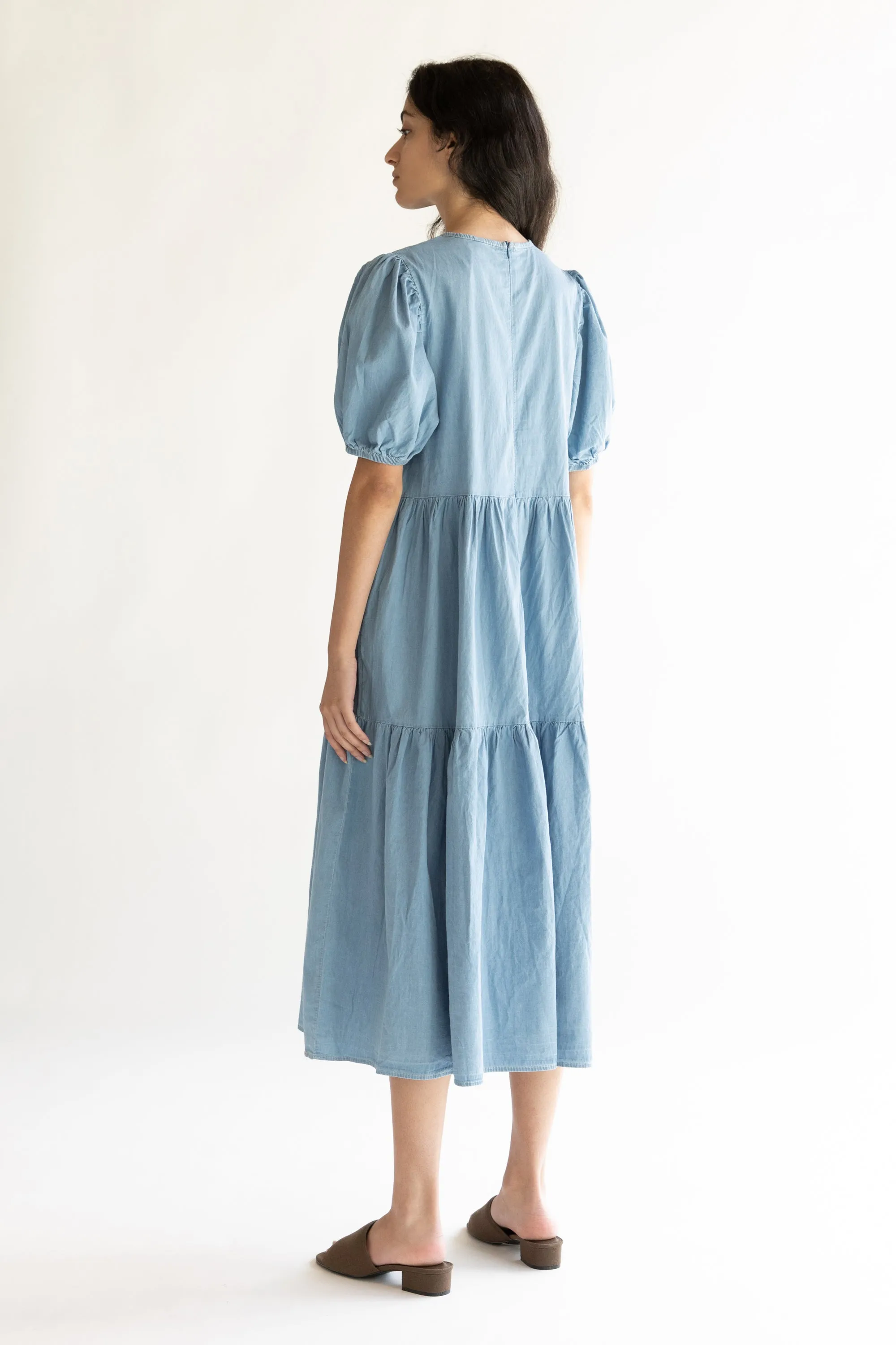 DENIM TIERED MIDI DRESS