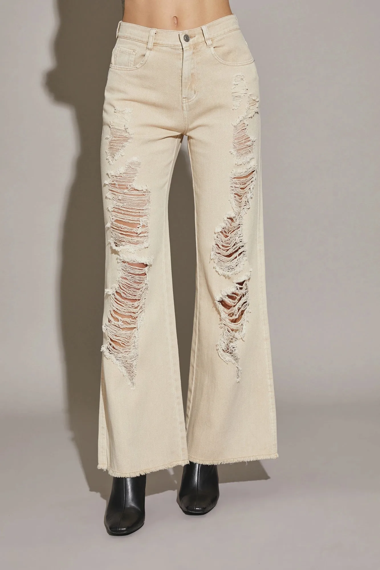 Distressed High Waist Cut Edge Denim Pants