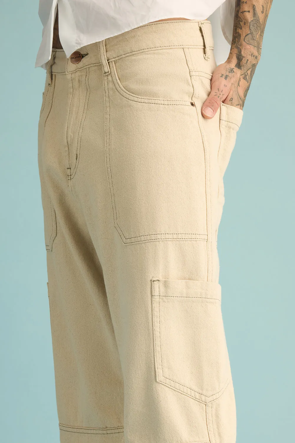 Latte Contrast Cargo Mens Wide Jeans