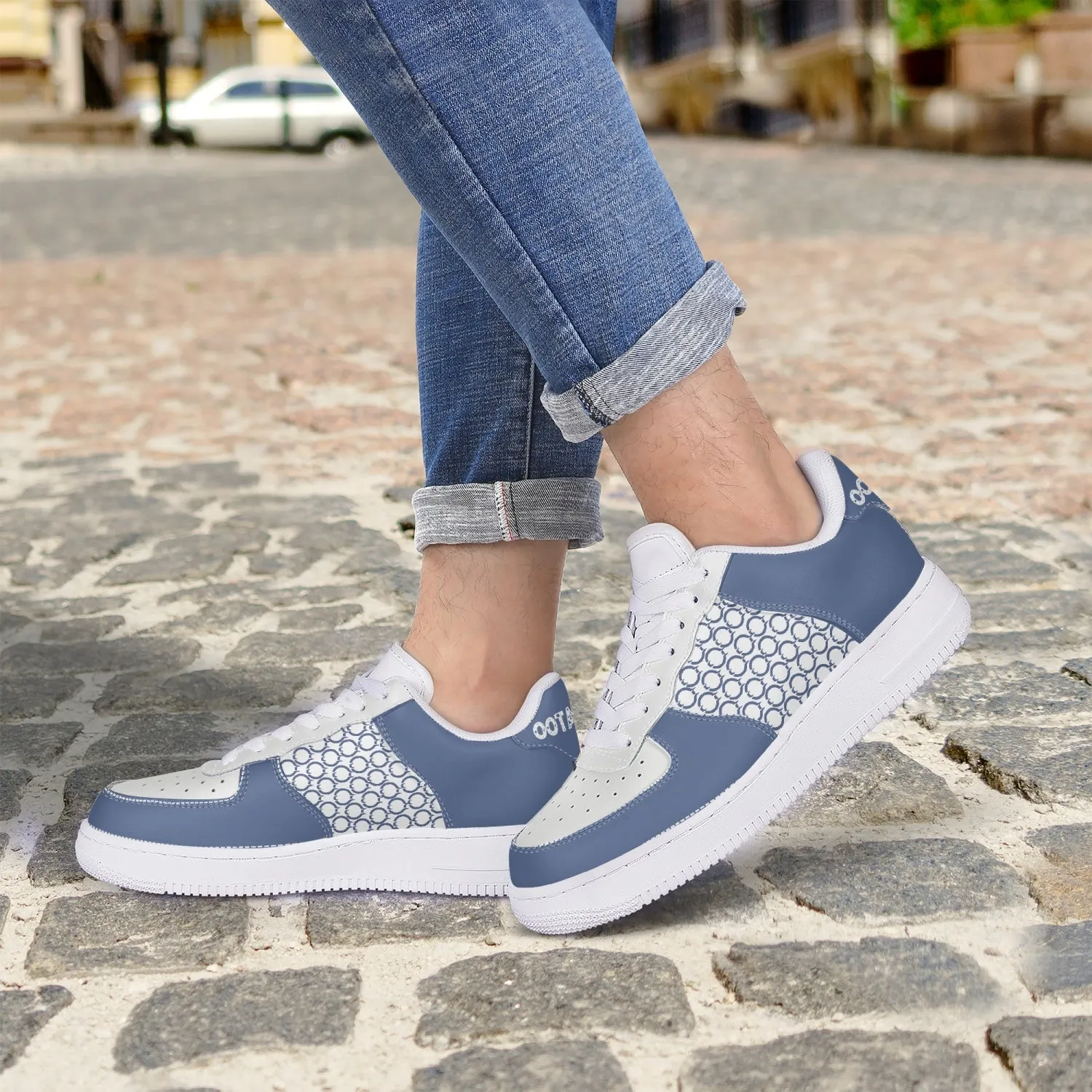 Low-Top Leather Sports Sneakers Blue/Grey