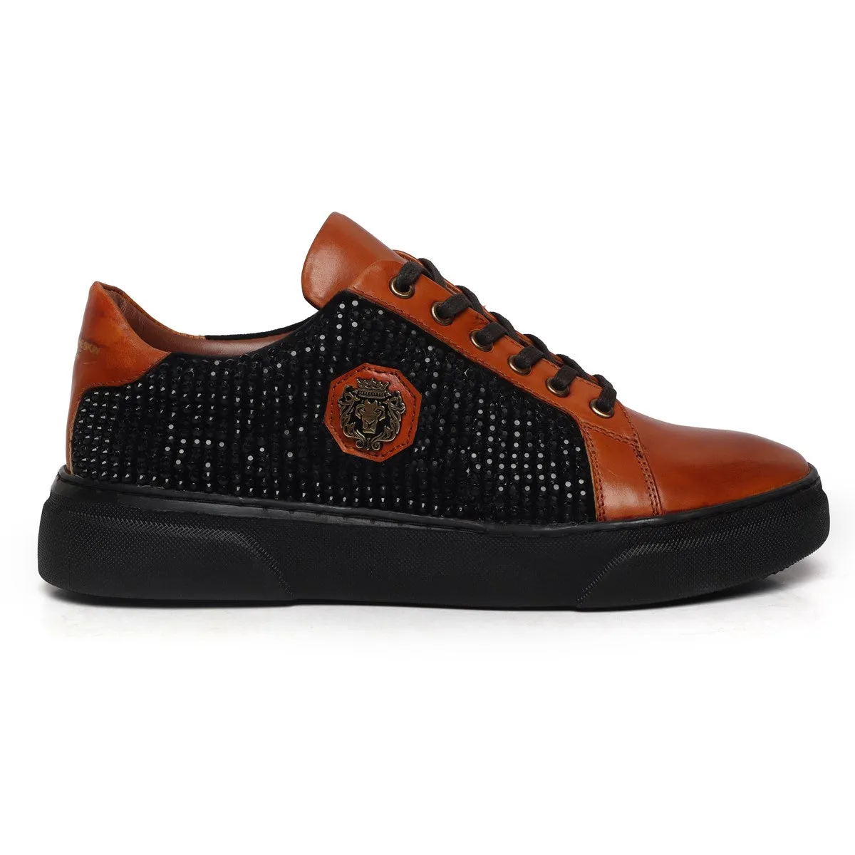 Low Top Sneakers Black Rhinestones Tan Leather by Brune & Bareskin