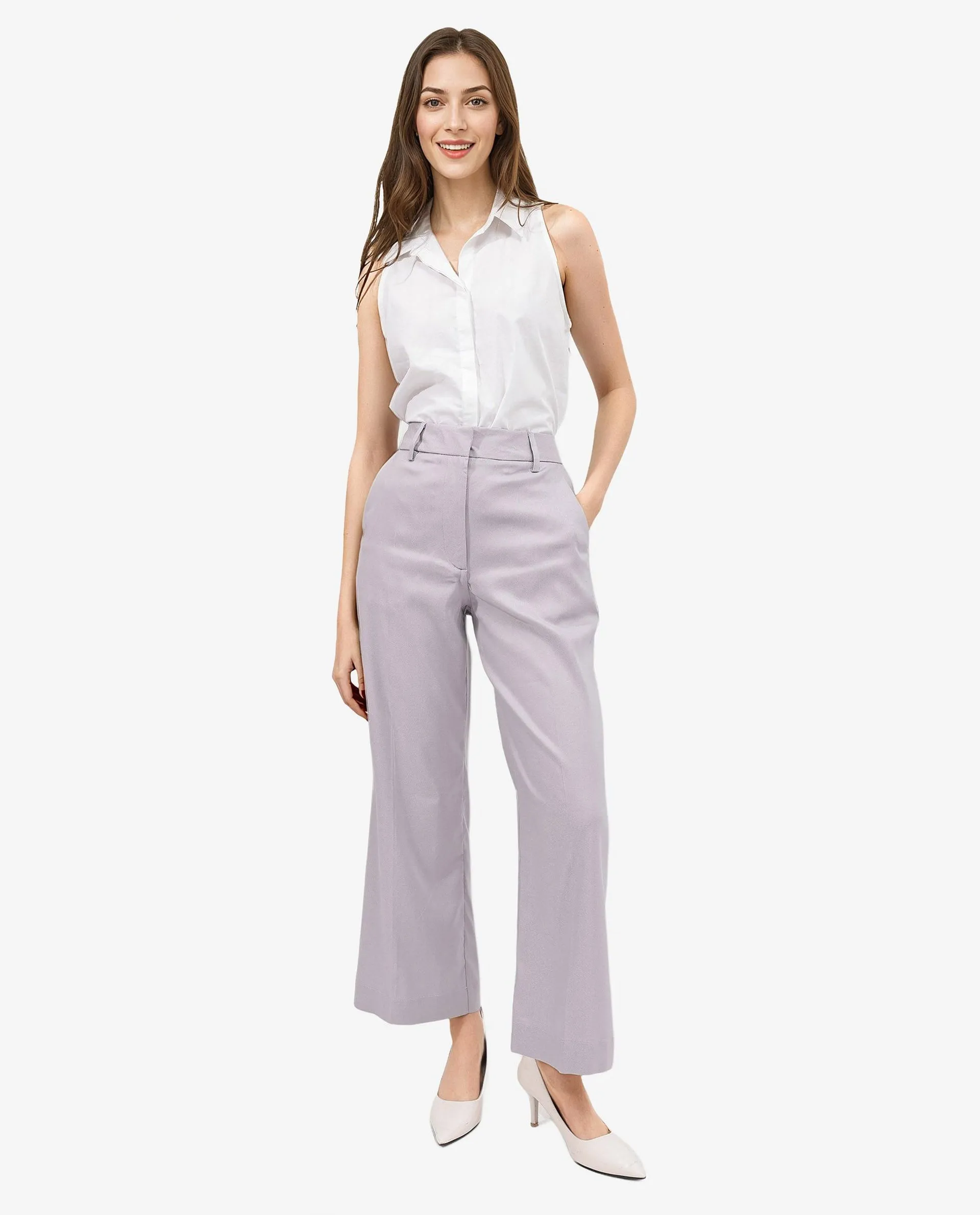 Rareism Women Selene Purple Cotton Fabric Zipper Closure Solid Regular Fit Trouser