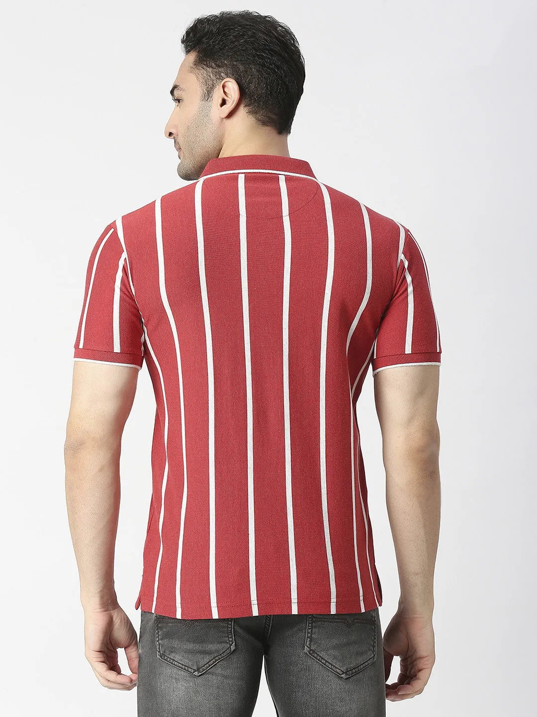 Red Melange Verticle Striped Pique Polo T-shirt