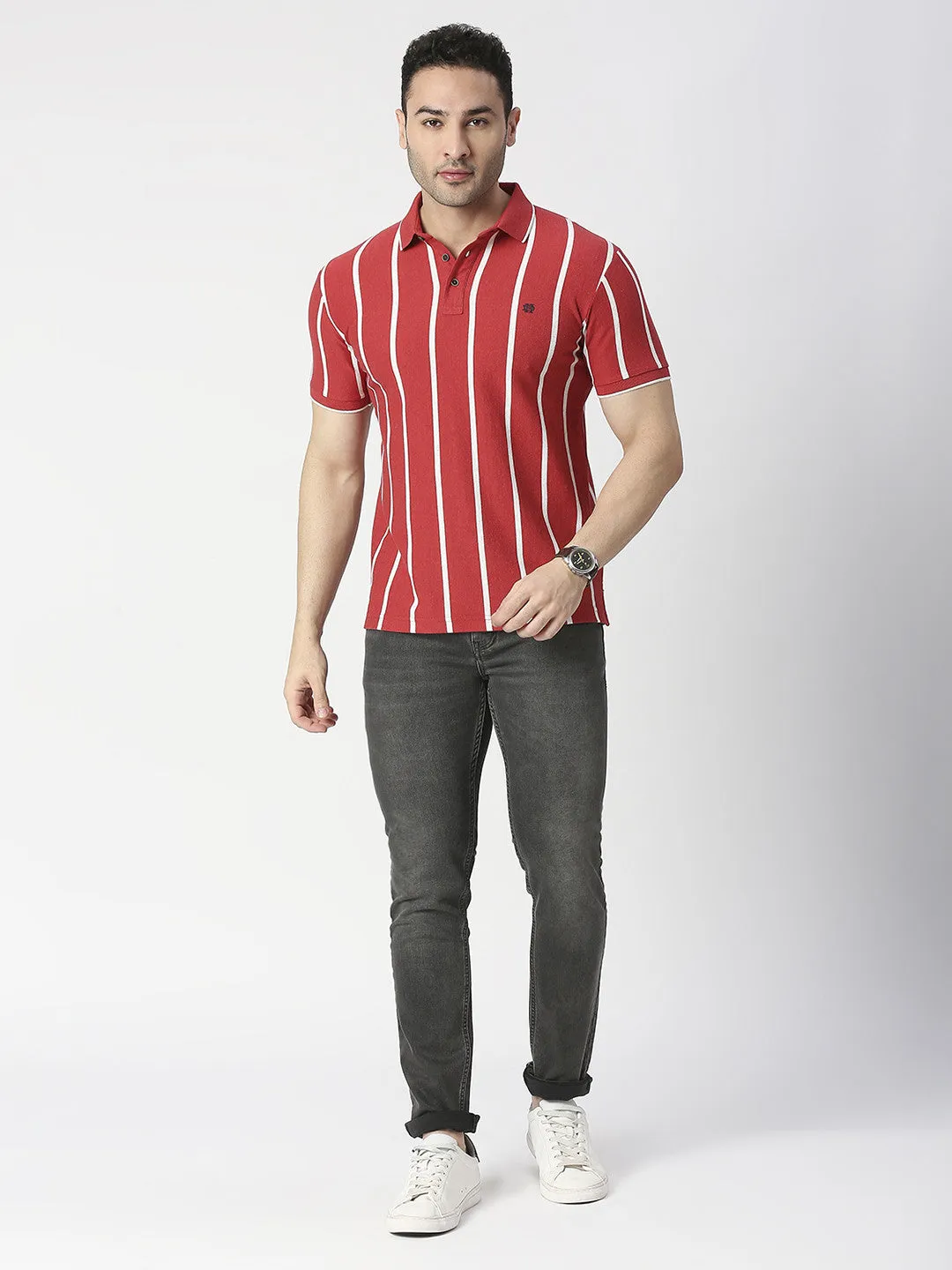 Red Melange Verticle Striped Pique Polo T-shirt