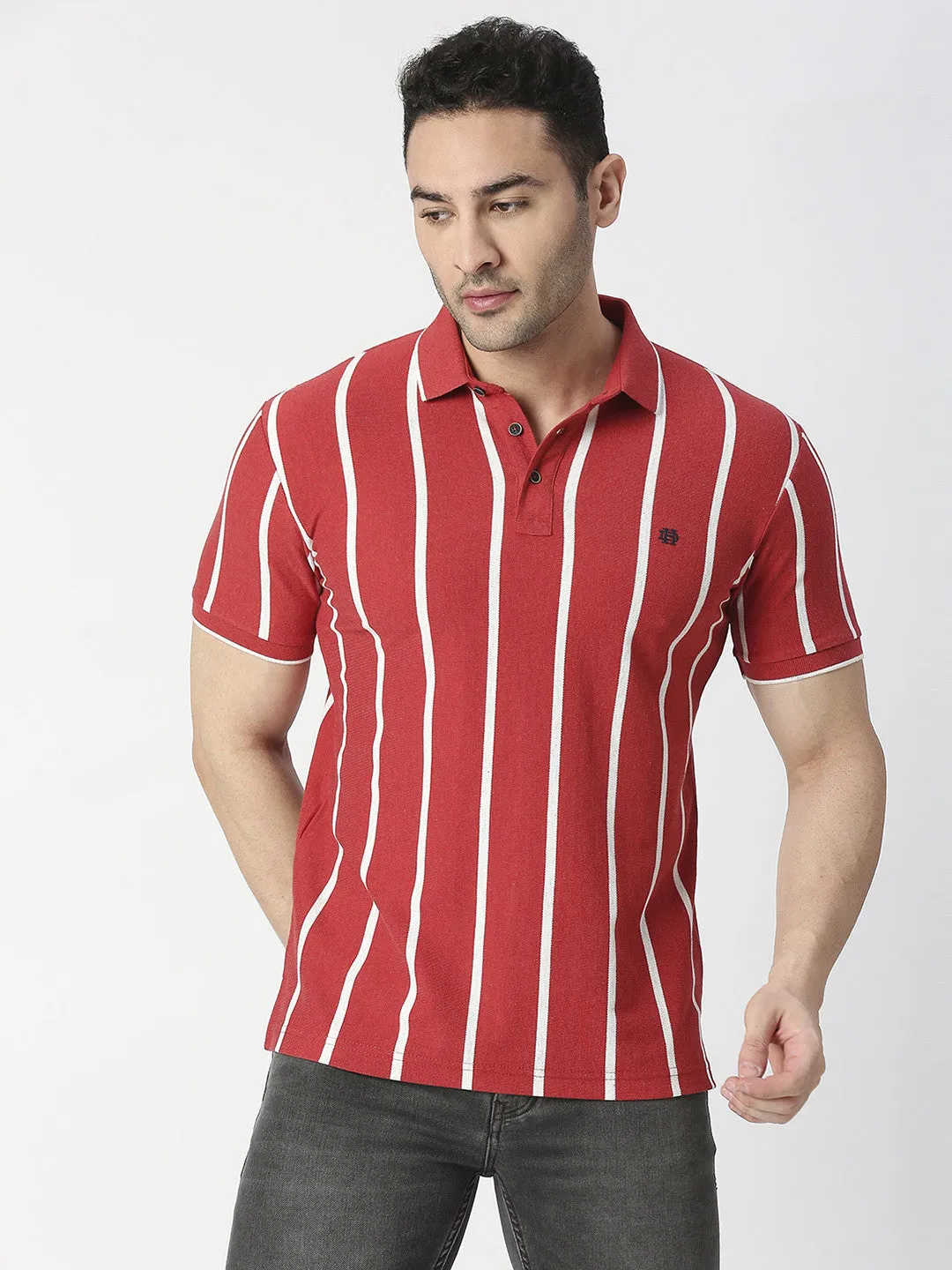 Red Melange Verticle Striped Pique Polo T-shirt