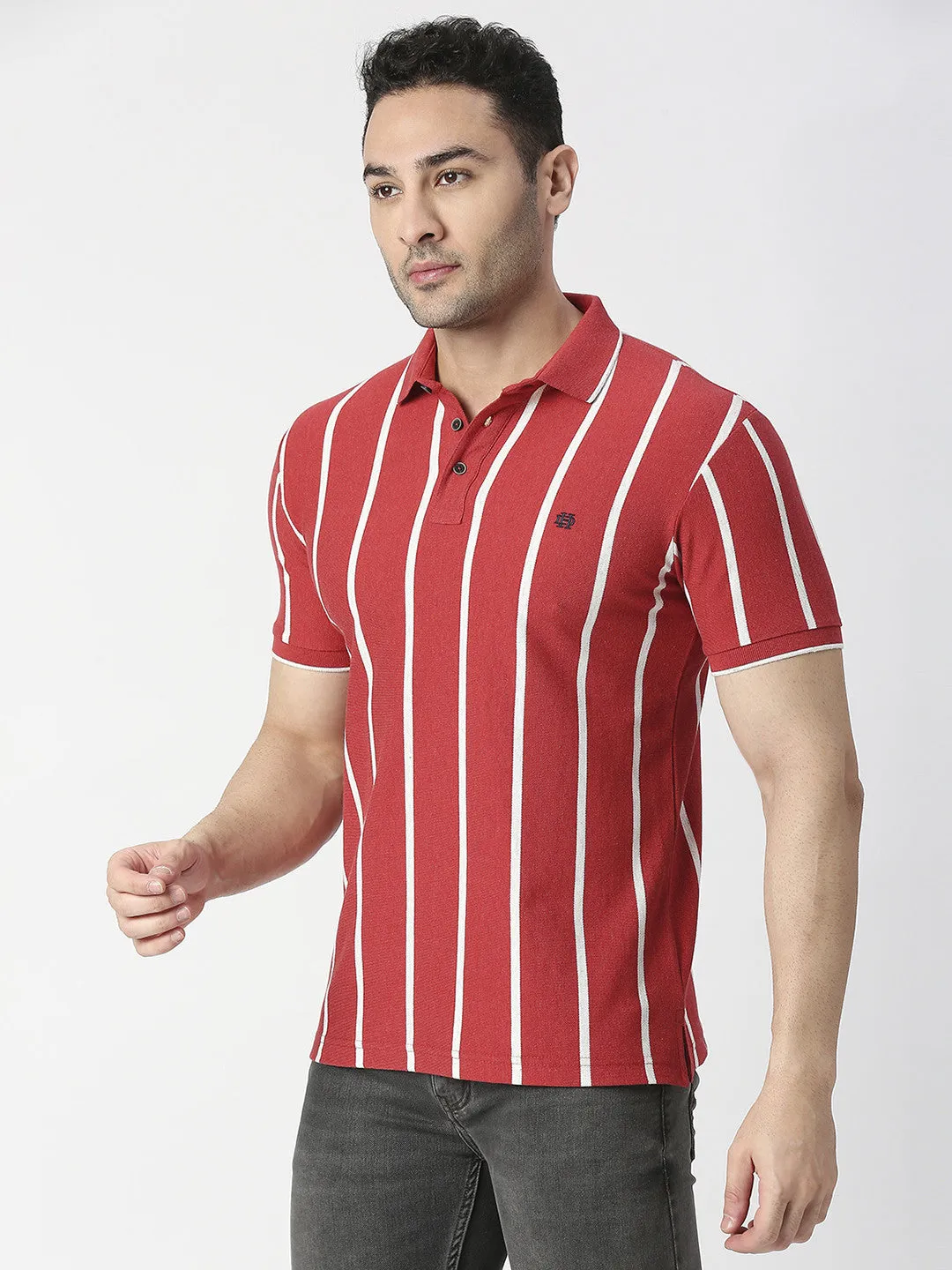 Red Melange Verticle Striped Pique Polo T-shirt