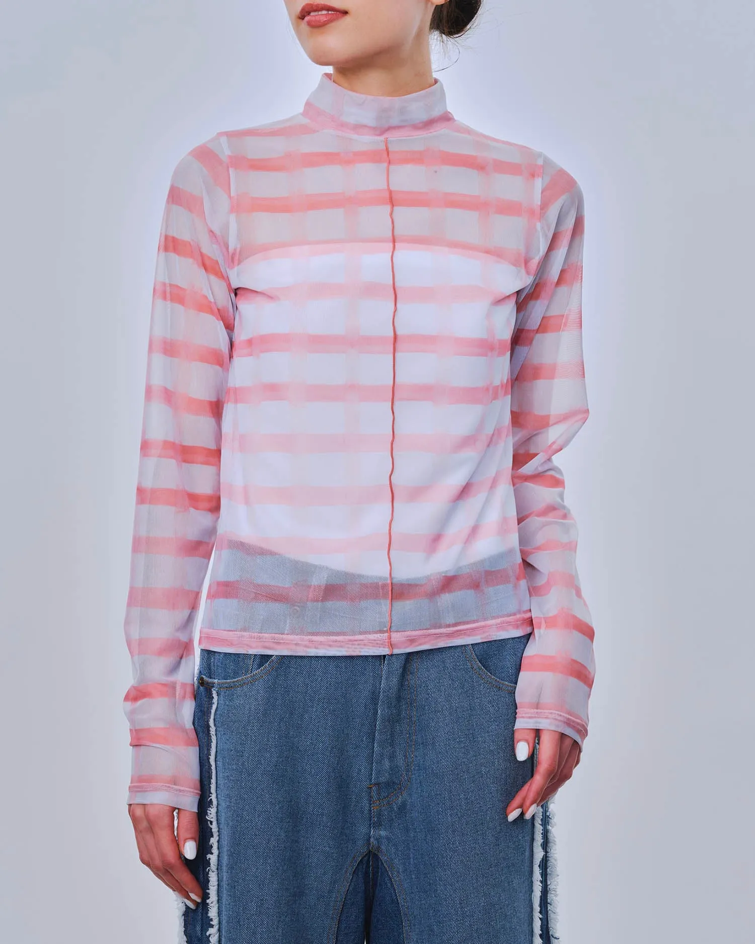 Rough check see-through tops Pink (High neck)