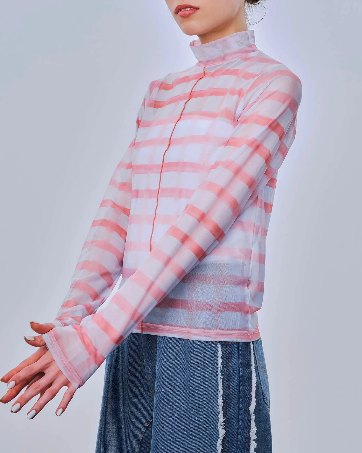 Rough check see-through tops Pink (High neck)