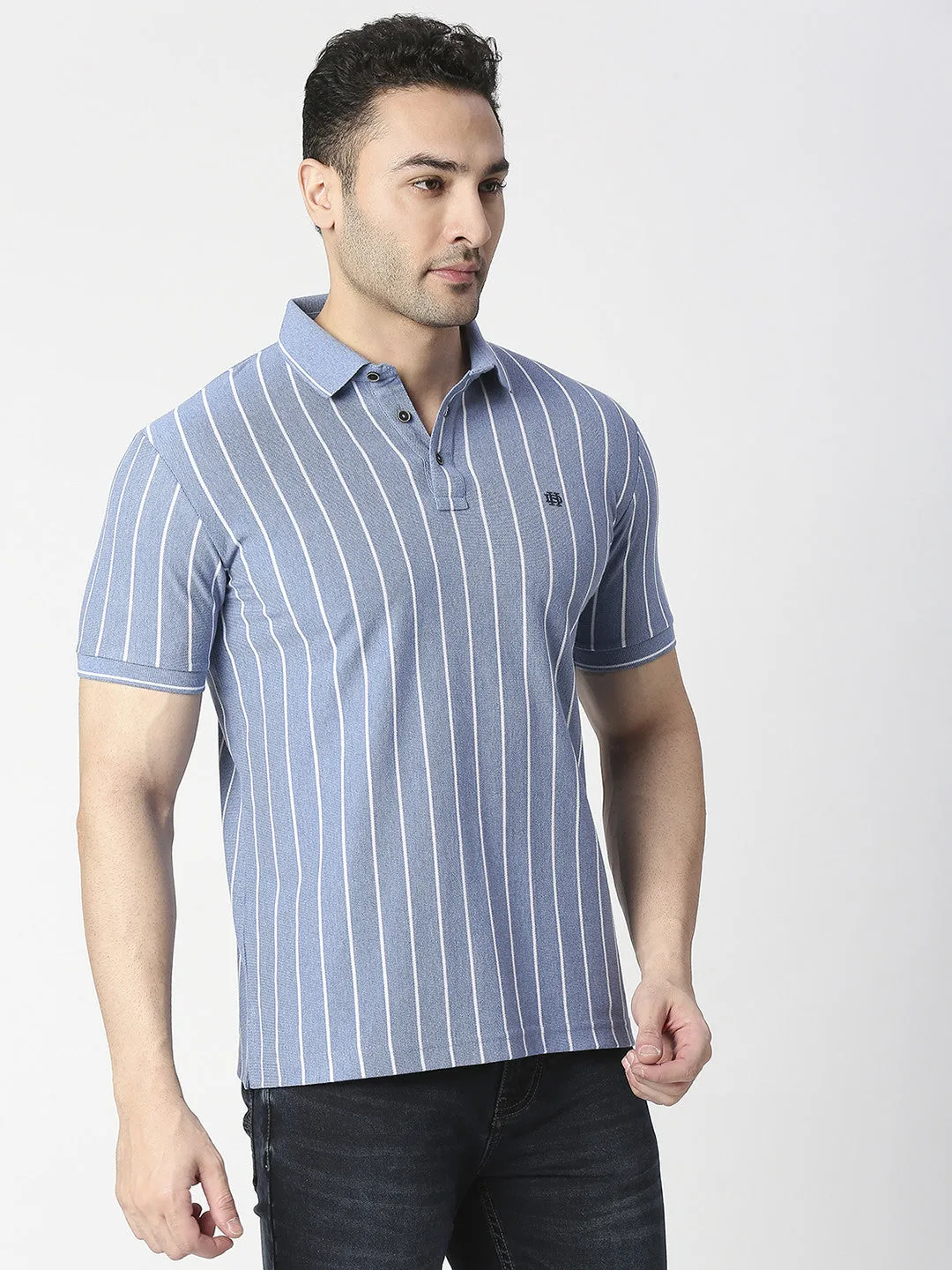 Sky Melange Verticle Striped Pique Polo T-shirt