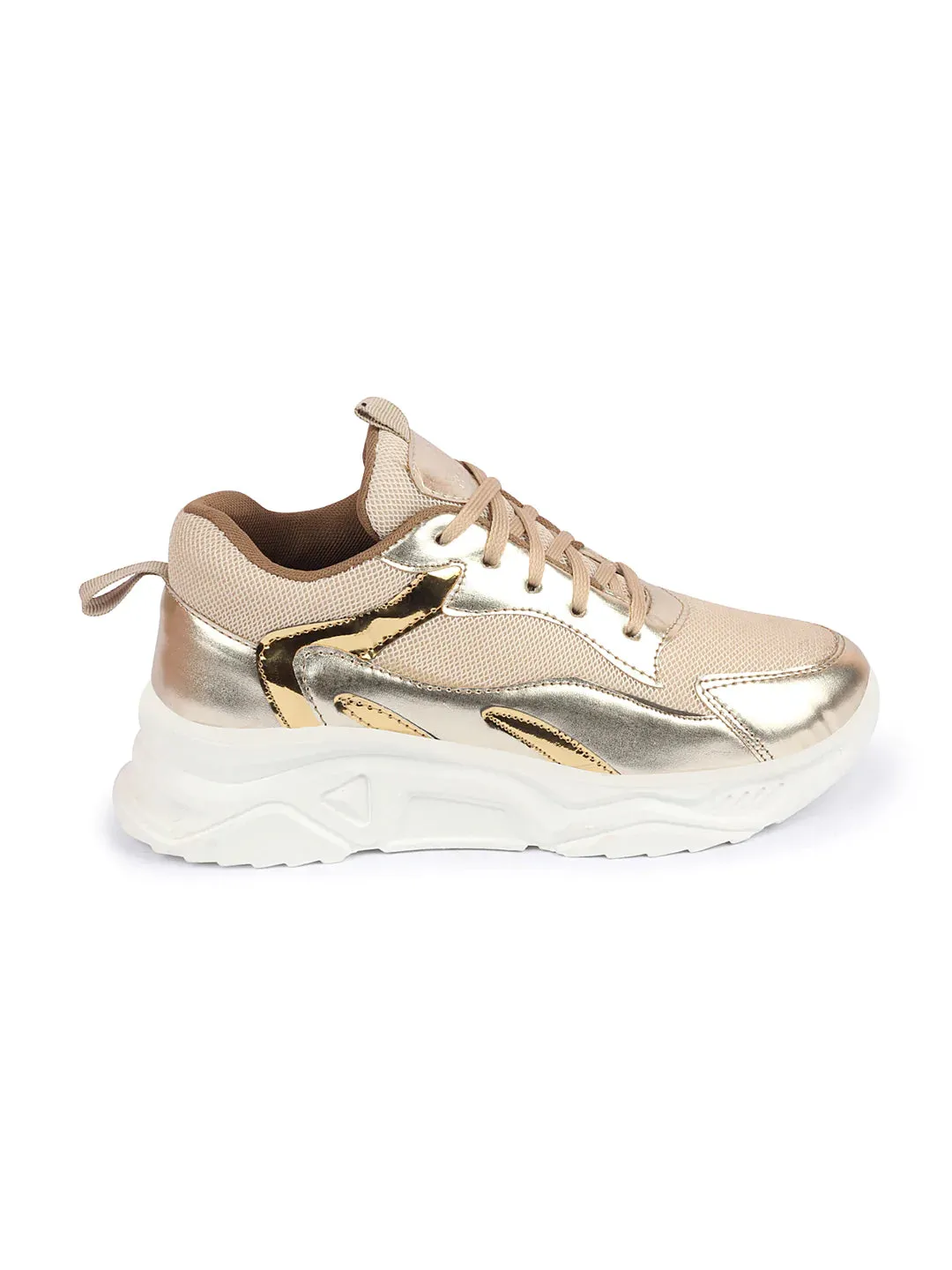 Women Golden Embellished Sporty Design Fashion Stylish Lace Up Sneakers Shoes