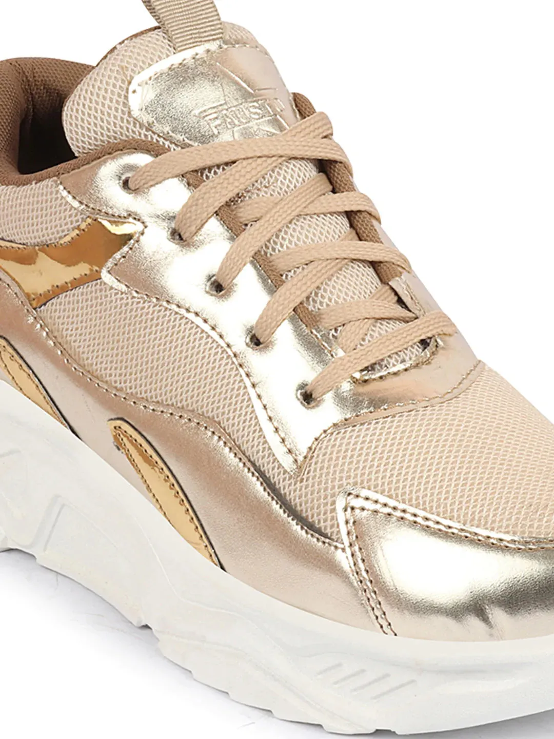 Women Golden Embellished Sporty Design Fashion Stylish Lace Up Sneakers Shoes