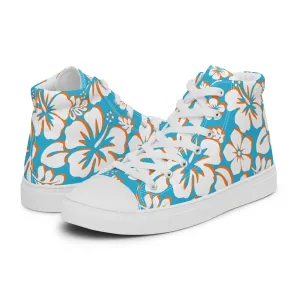 Women's Aqua Blue and Orange Hawaiian Print High Top Canvas Shoes