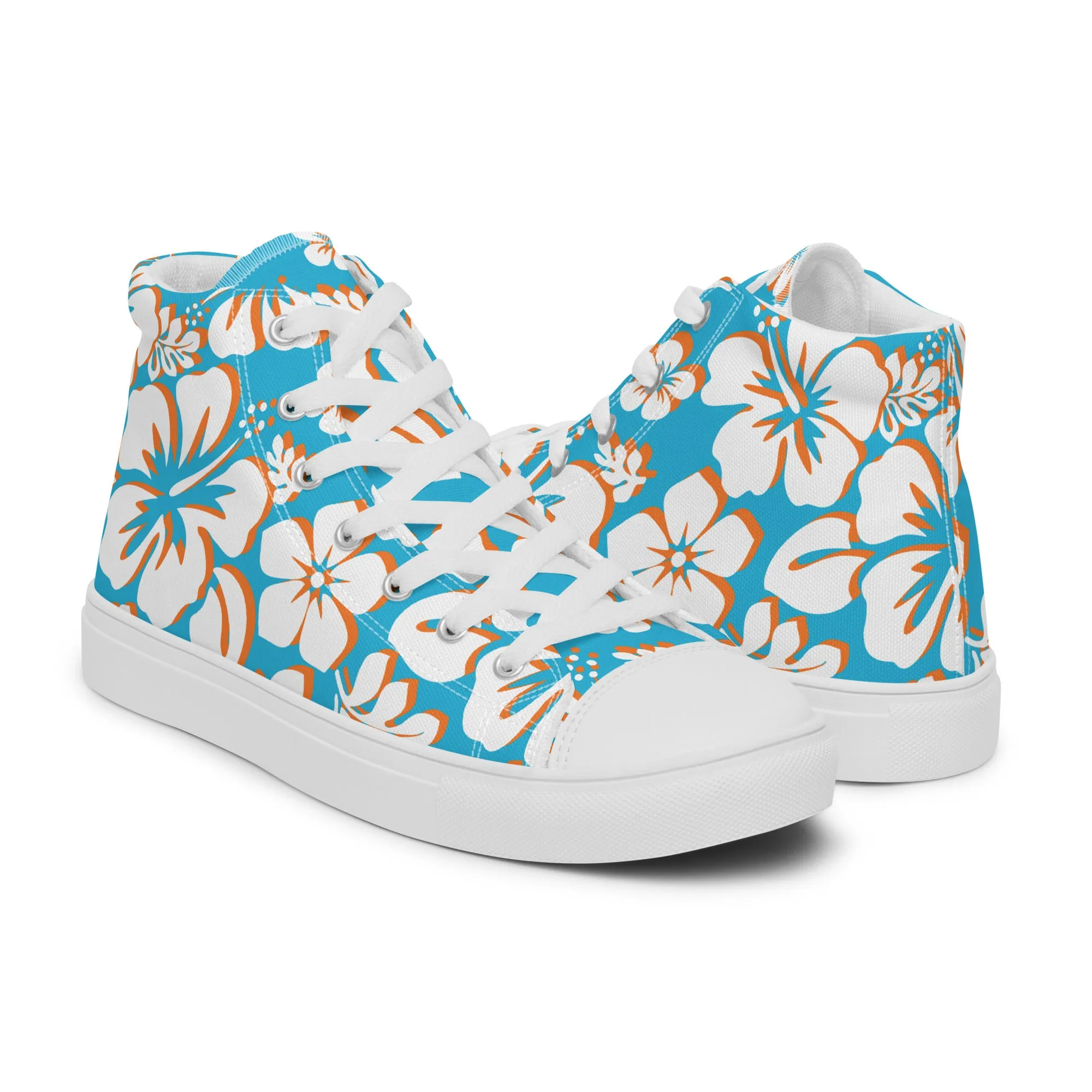 Women's Aqua Blue and Orange Hawaiian Print High Top Canvas Shoes