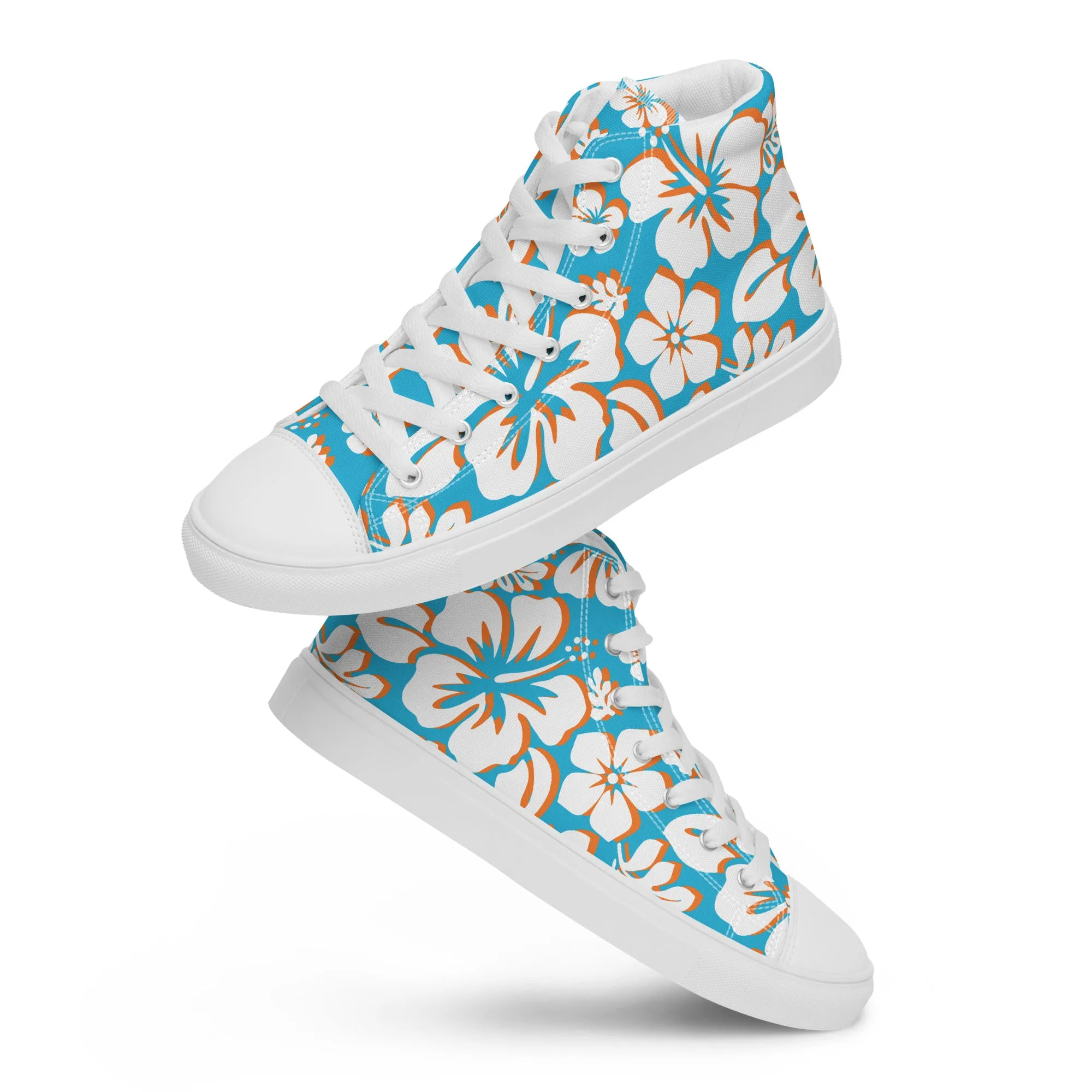 Women's Aqua Blue and Orange Hawaiian Print High Top Canvas Shoes