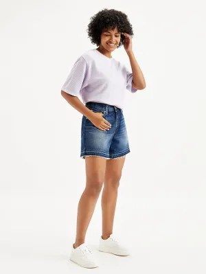 Women's Mid Rise Navy Relaxed Fit Denim Shorts