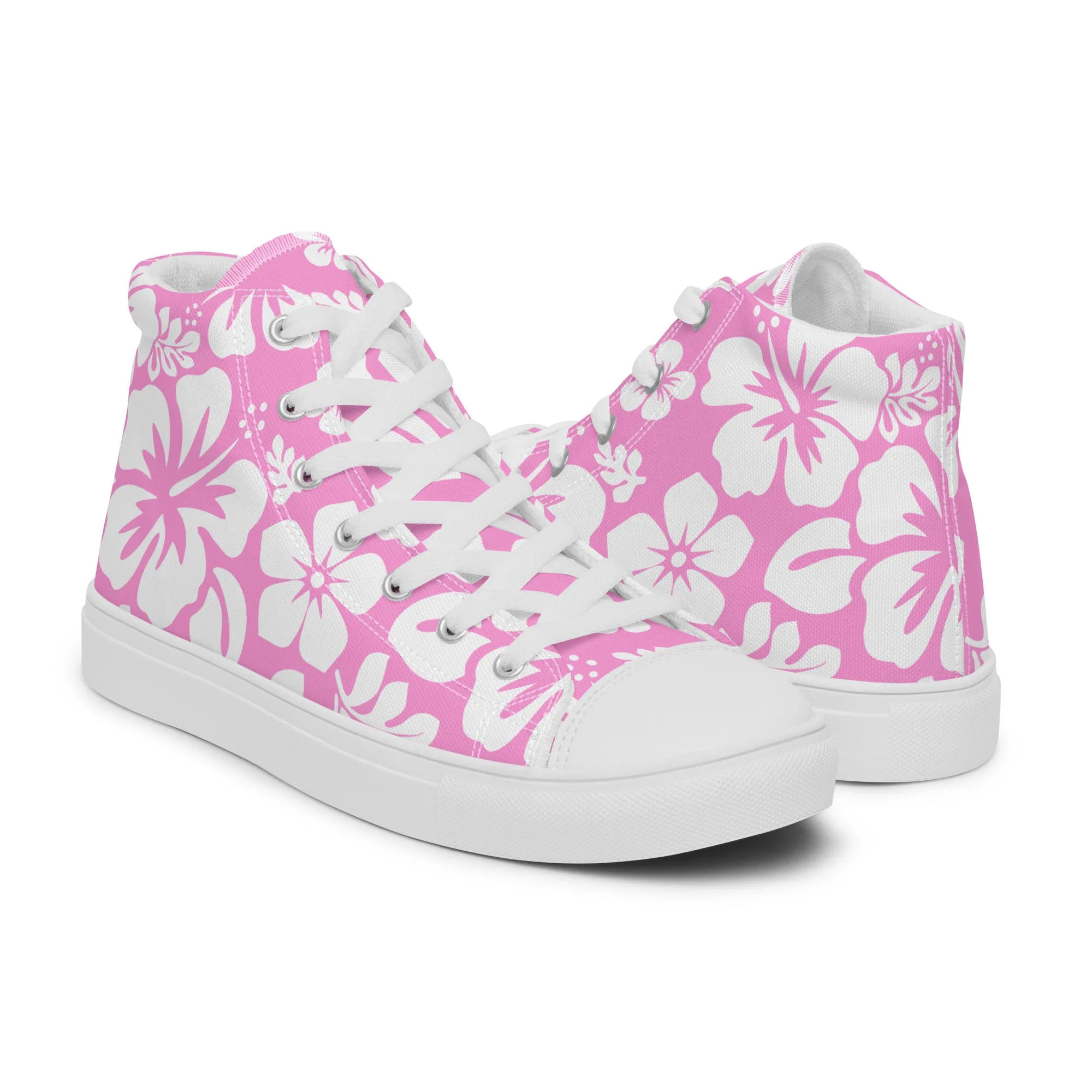 Women's Pink and White Hawaiian Print High Top Canvas Shoes