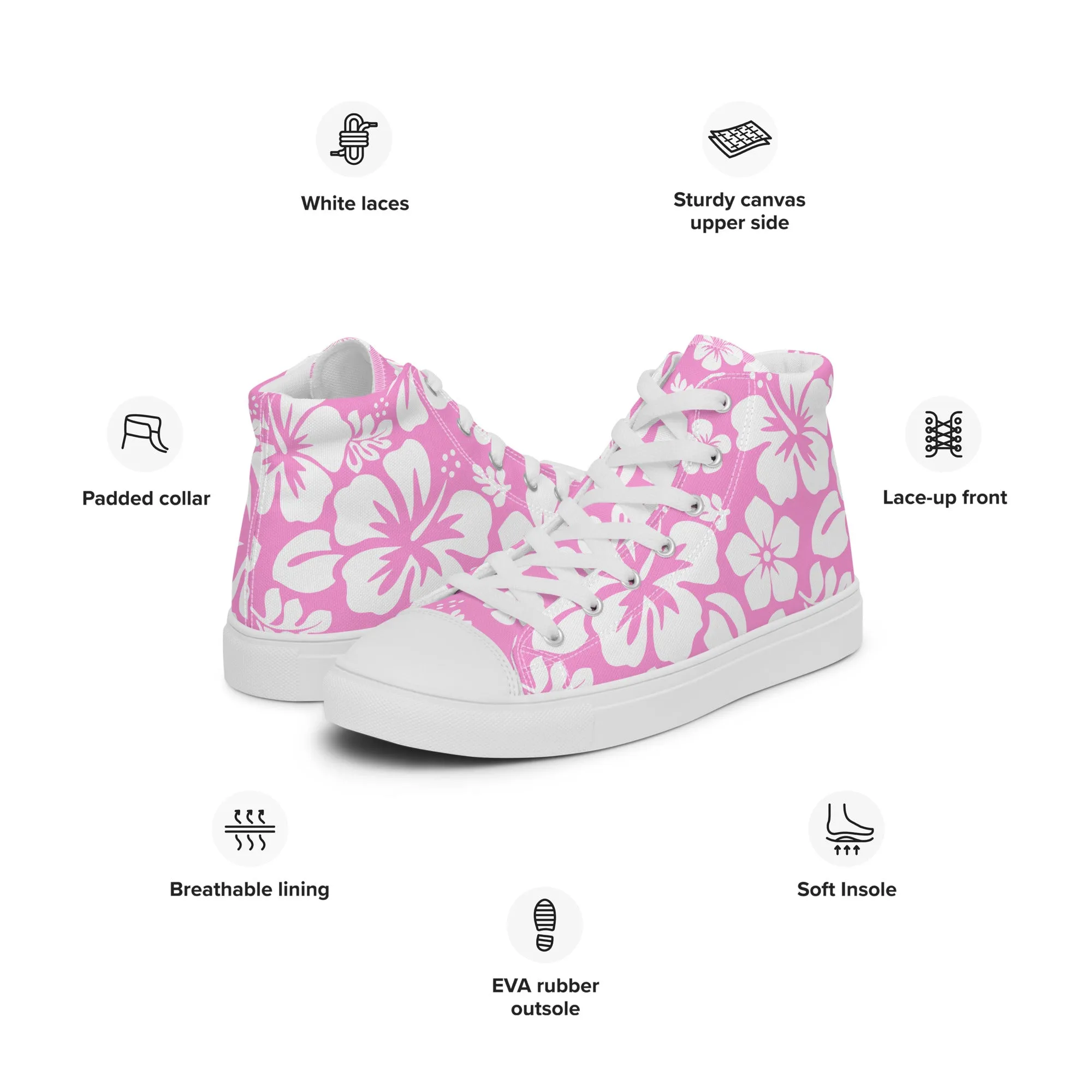 Women's Pink and White Hawaiian Print High Top Canvas Shoes