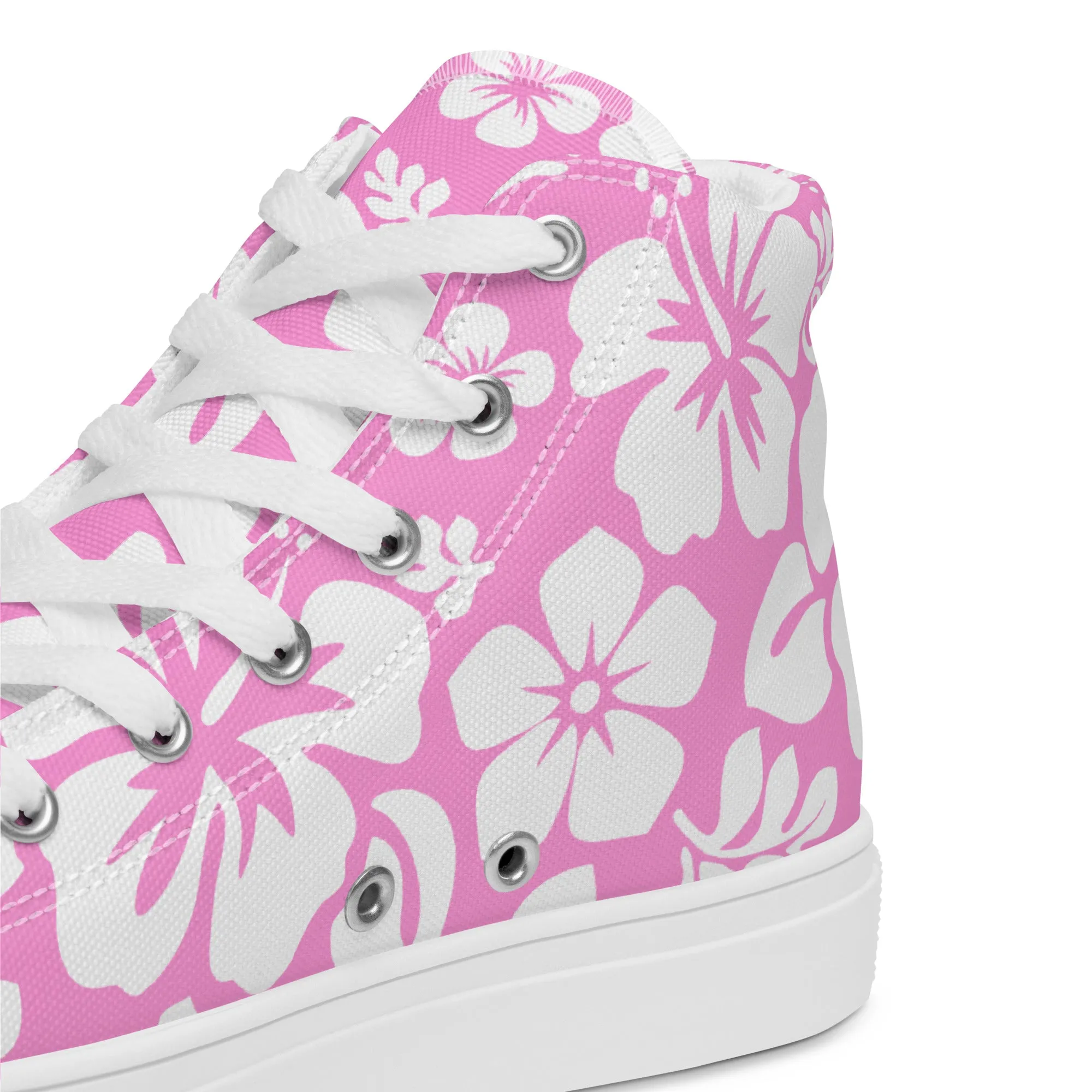 Women's Pink and White Hawaiian Print High Top Canvas Shoes