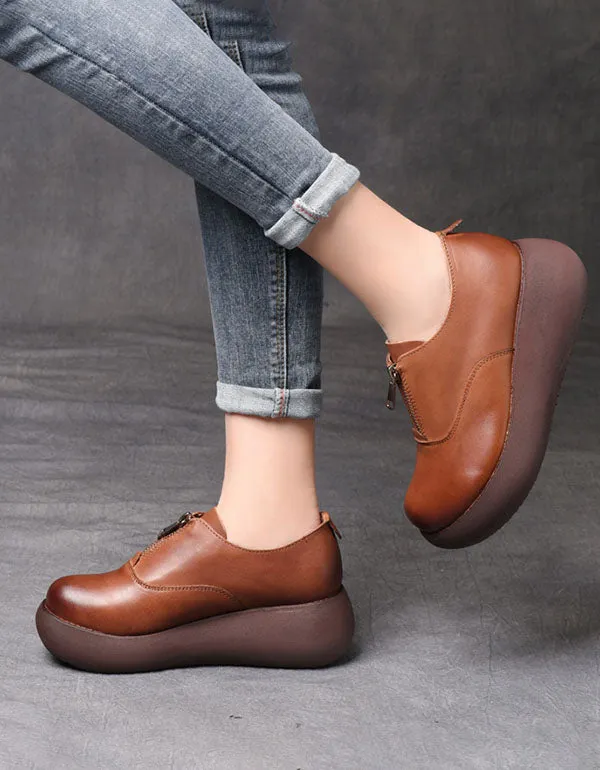 Women's Retro Leather Waterproof Wedge Shoes